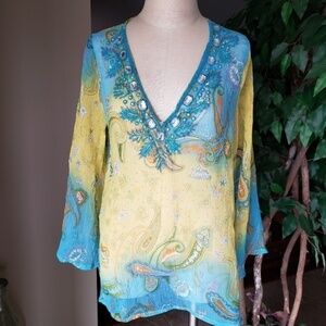 Raviya Embellished Paisley Long Sleeves Coverup S